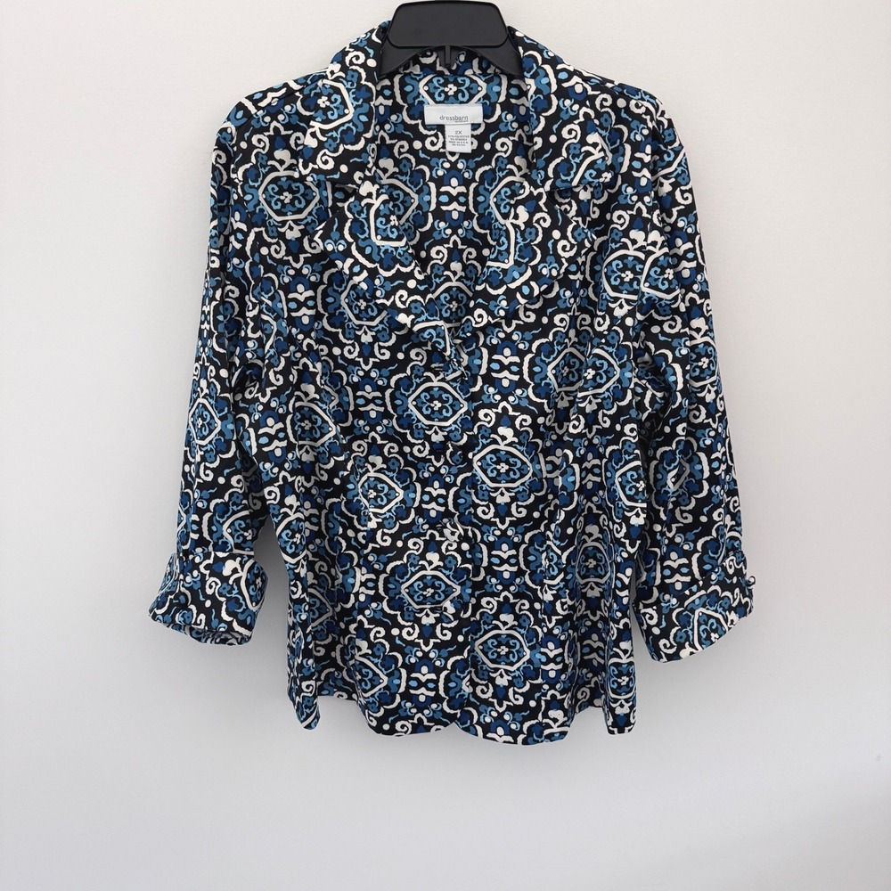 Dressbarn Button Up blazer Women Size 2X Blue Geometric Long Sleeve